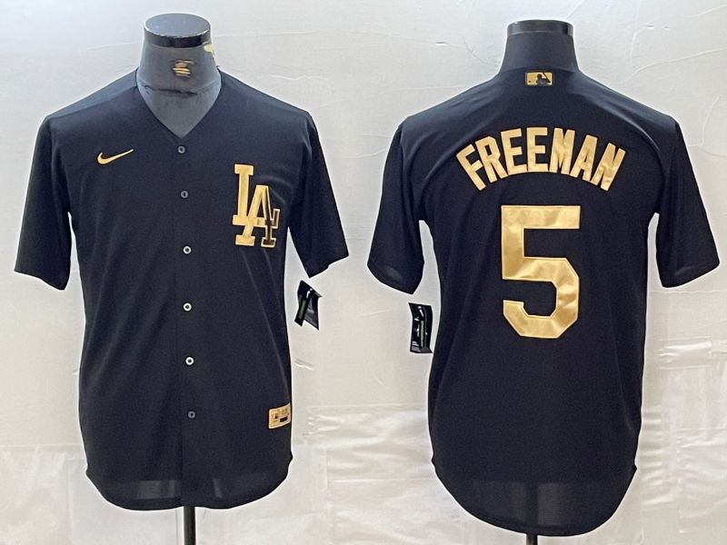 Men Los Angeles Dodgers 5 Freeman Black gold 4 th generation Nike 2024 MLB Jersey style 1